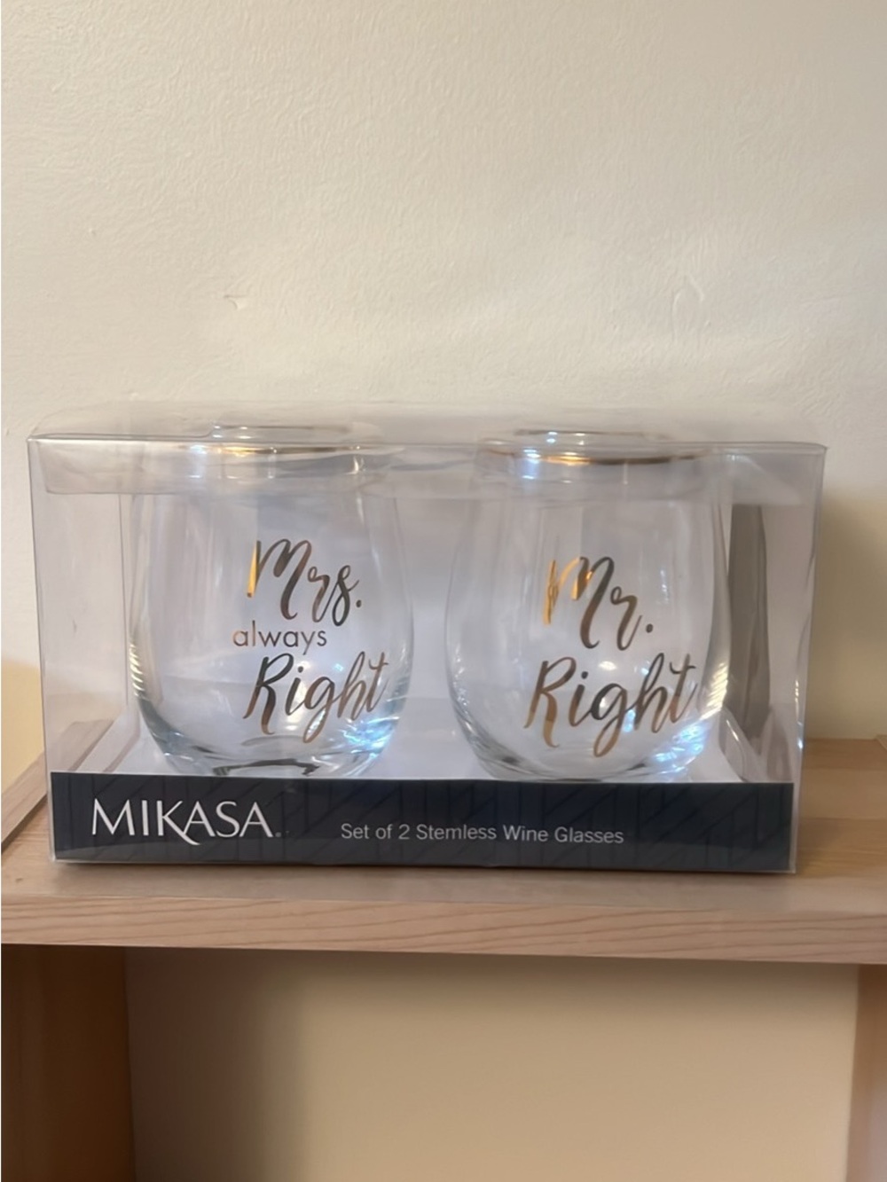 Mikasa Stemless Wine Glasses with Gold Lettering - Set of 2